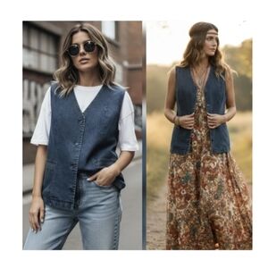Tellement Vous Dark Wash Denim Vest – Chic Vintage Aesthetic,size L